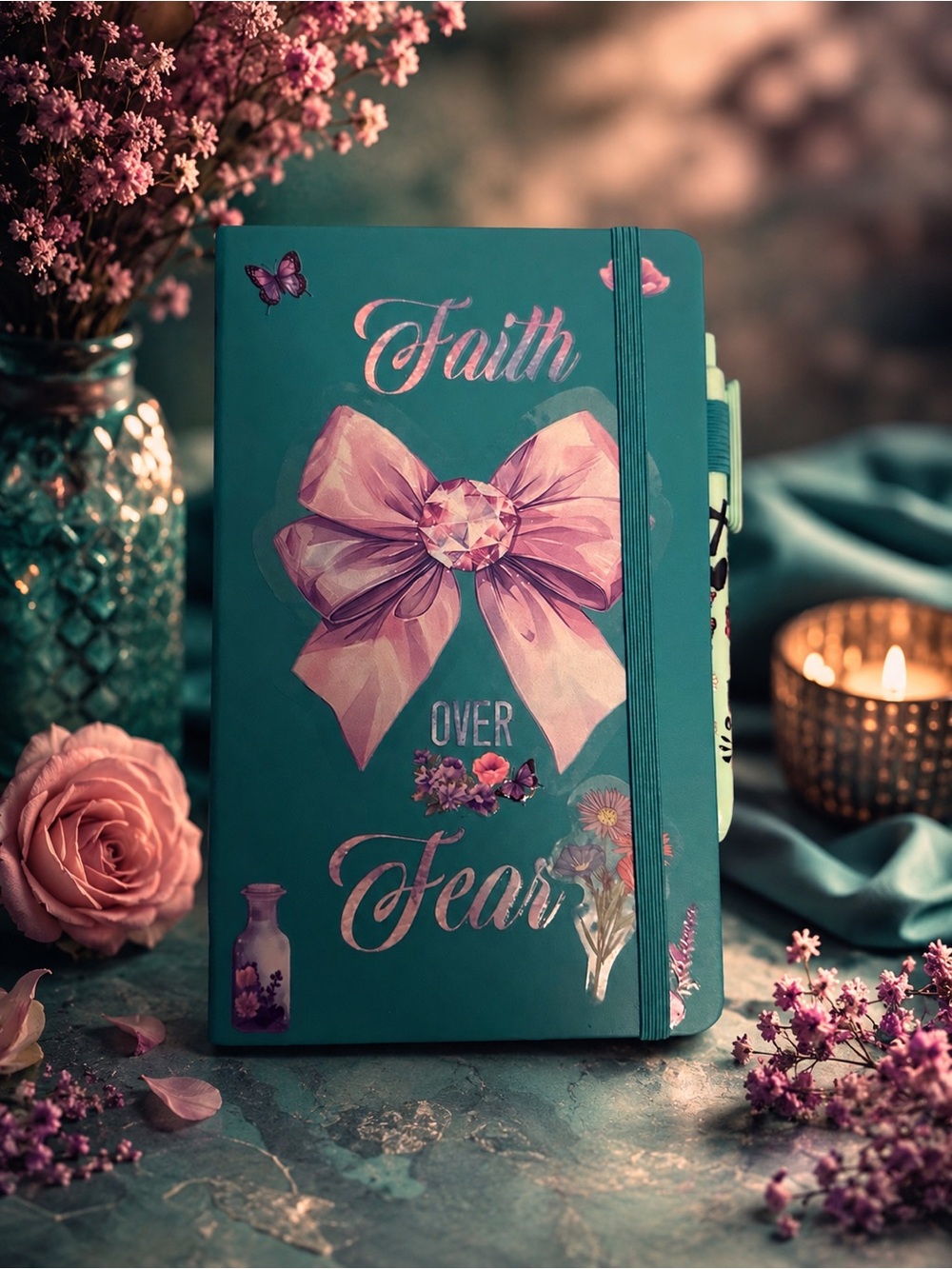 Faith Over Fear Teal Journal with Pink Bow Design